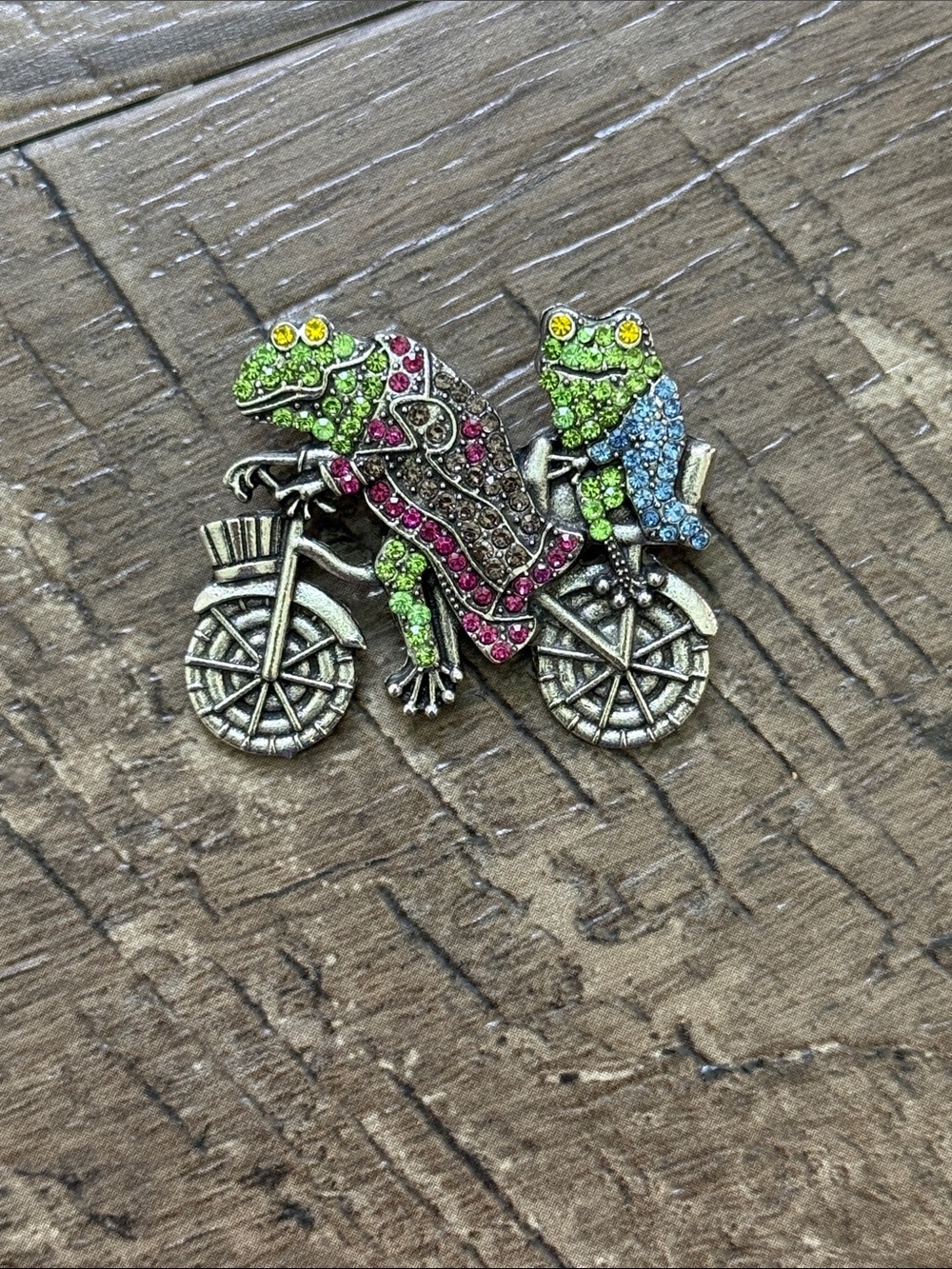Whimsical Crystal Frog Bicycle Brooch - Multicolor